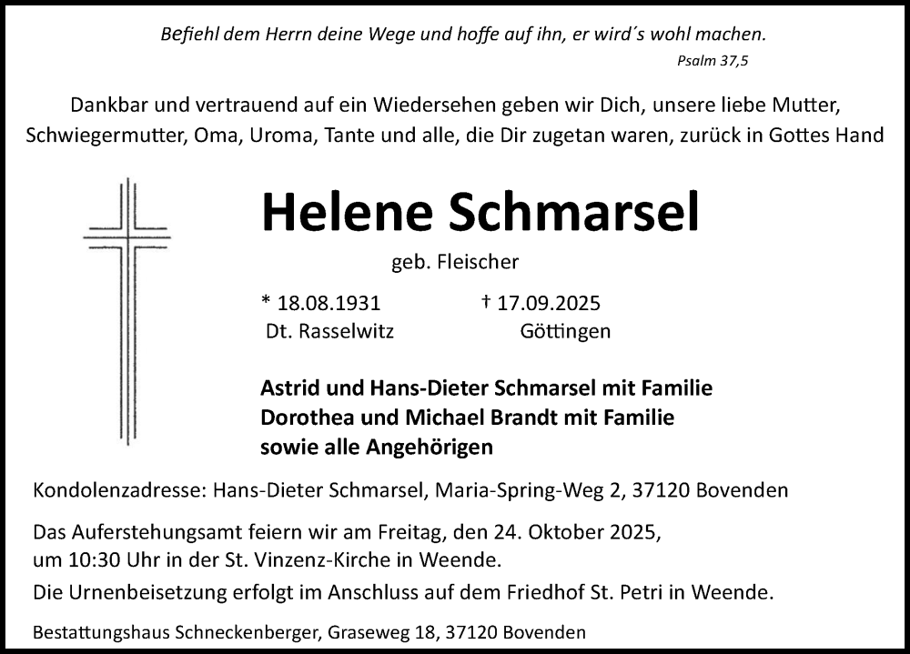  Traueranzeige für Helene Schmarsel vom 18.10.2025 aus Göttinger Tageblatt