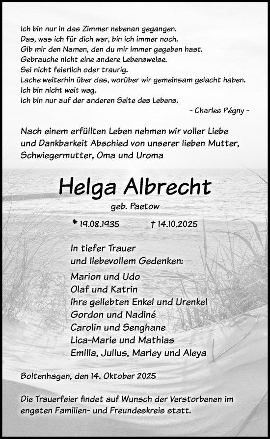Traueranzeige von Helga Albrecht von Ostsee-Zeitung GmbH