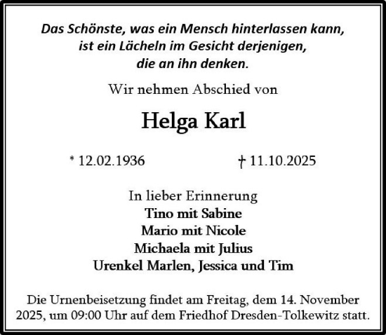 Traueranzeige von Helga Karl von Sächsische Zeitung