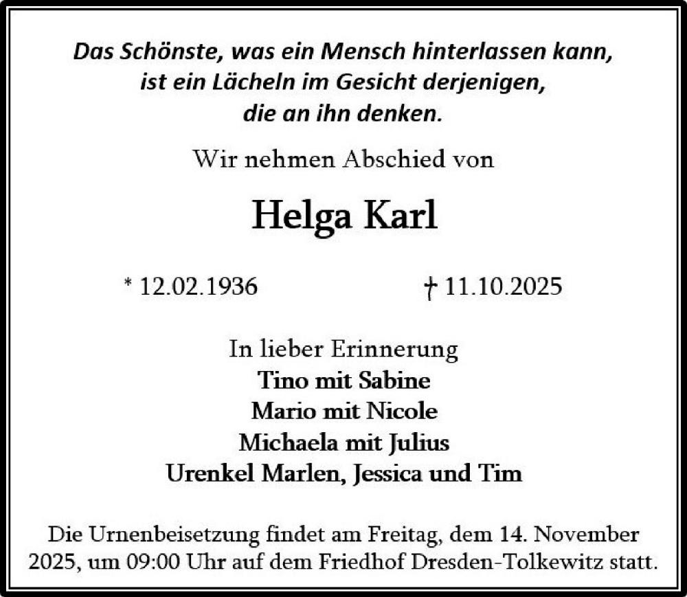  Traueranzeige für Helga Karl vom 01.11.2025 aus Sächsische Zeitung