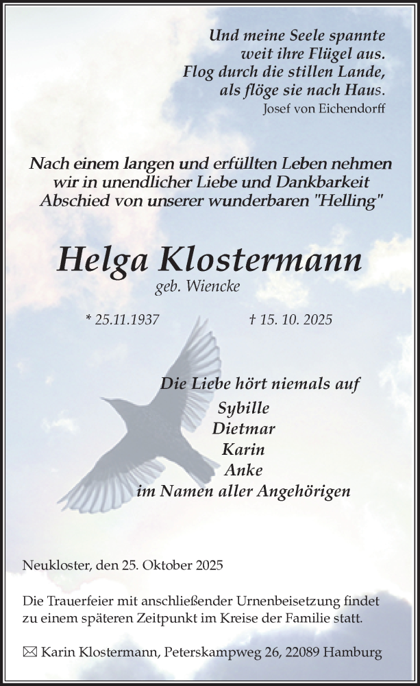  Traueranzeige für Helga Klostermann vom 25.10.2025 aus Ostsee-Zeitung GmbH