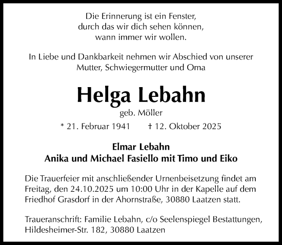 Traueranzeige von Helga Lebahn von Hannoversche Allgemeine Zeitung/Neue Presse