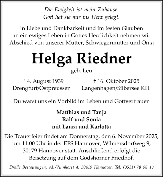 Traueranzeige von Helga Riedner von Hannoversche Allgemeine Zeitung/Neue Presse