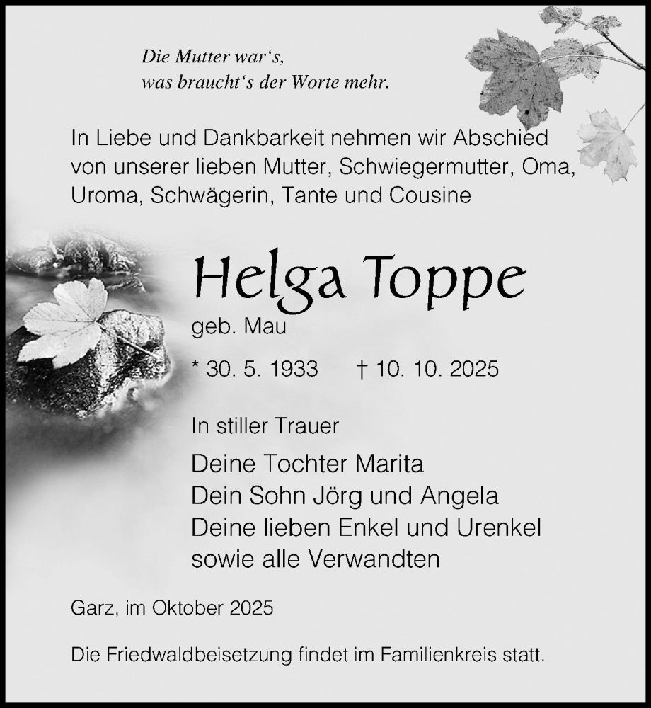  Traueranzeige für Helga Toppe vom 18.10.2025 aus Ostsee-Zeitung GmbH