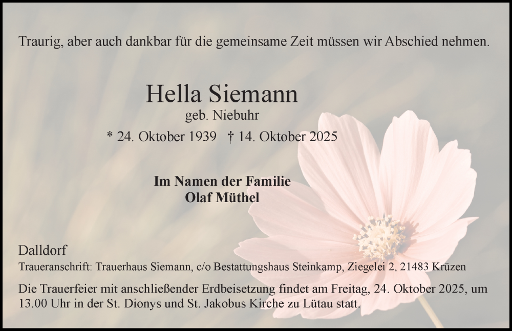  Traueranzeige für Hella Siemann vom 18.10.2025 aus Lübecker Nachrichten