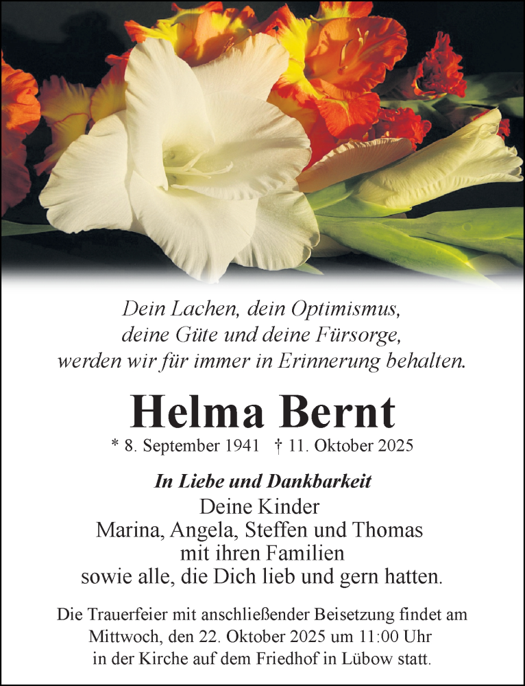  Traueranzeige für Helma Bernt vom 18.10.2025 aus Ostsee-Zeitung GmbH