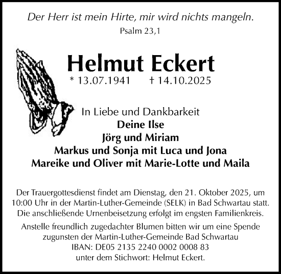 Traueranzeige von Helmut Eckert von Lübecker Nachrichten