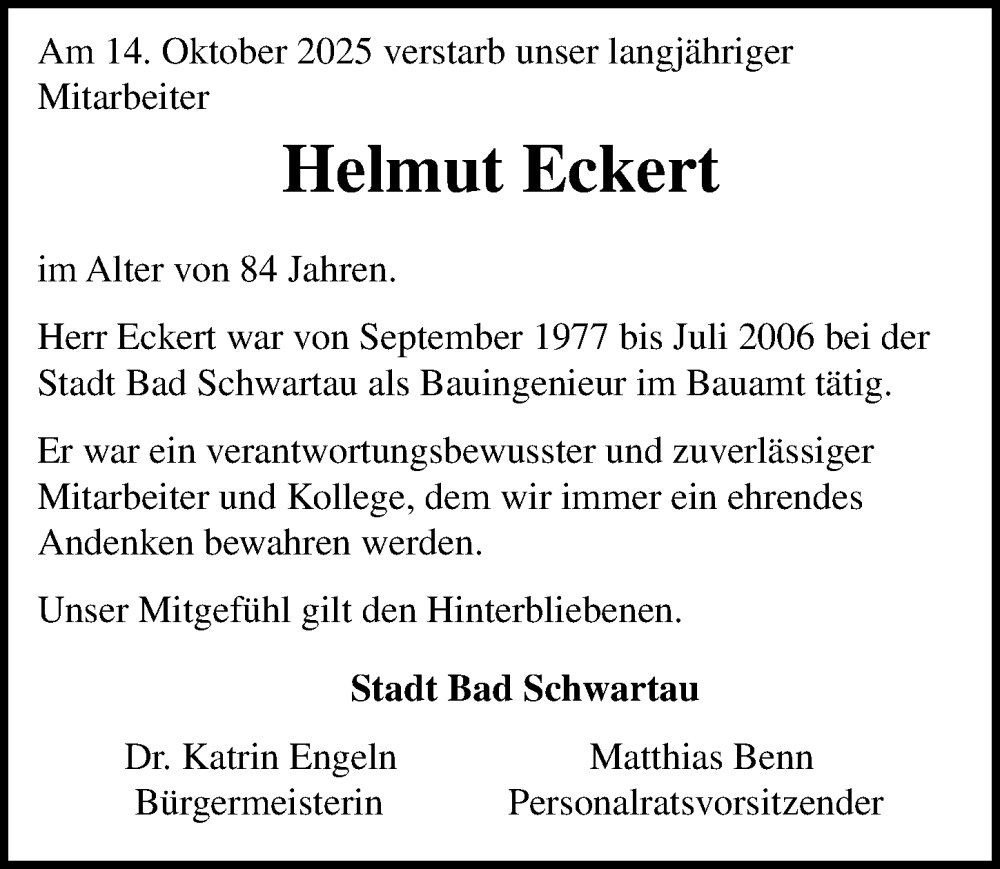  Traueranzeige für Helmut Eckert vom 26.10.2025 aus Lübecker Nachrichten