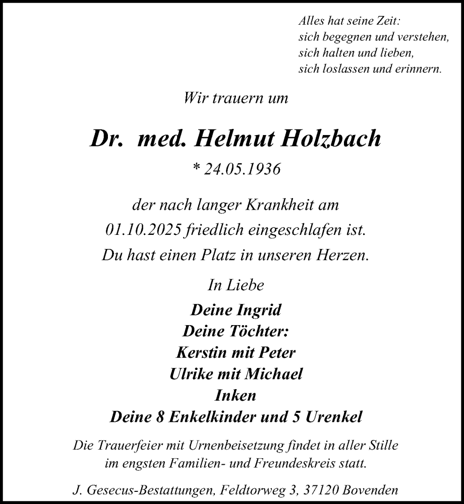  Traueranzeige für Helmut Holzbach vom 25.10.2025 aus Göttinger Tageblatt