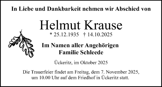 Traueranzeige von Helmut Krause von Ostsee-Zeitung GmbH