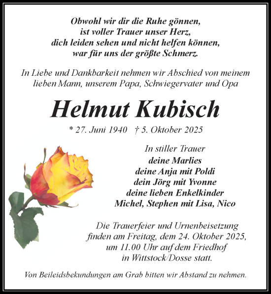 Traueranzeige von Helmut Kubisch von Wochenspiegel