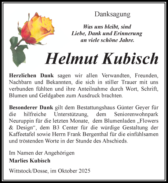 Traueranzeige von Helmut Kubisch von Wochenspiegel