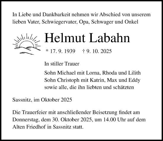 Traueranzeige von Helmut Labahn von Ostsee-Zeitung GmbH