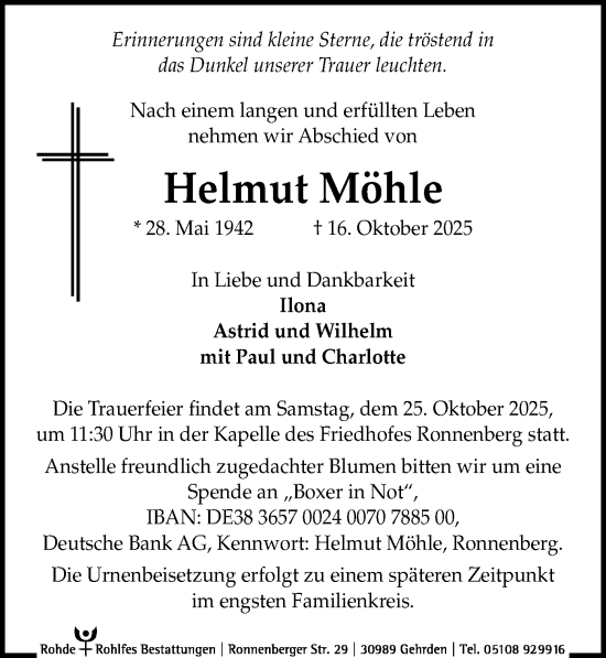 Traueranzeige von Helmut Möhle von Hannoversche Allgemeine Zeitung/Neue Presse