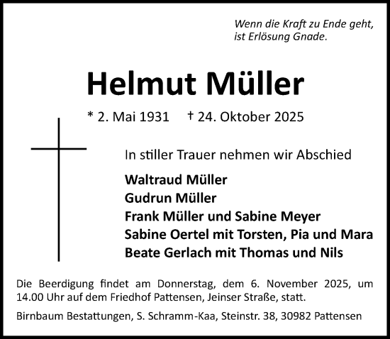 Traueranzeige von Helmut Müller von Hannoversche Allgemeine Zeitung/Neue Presse