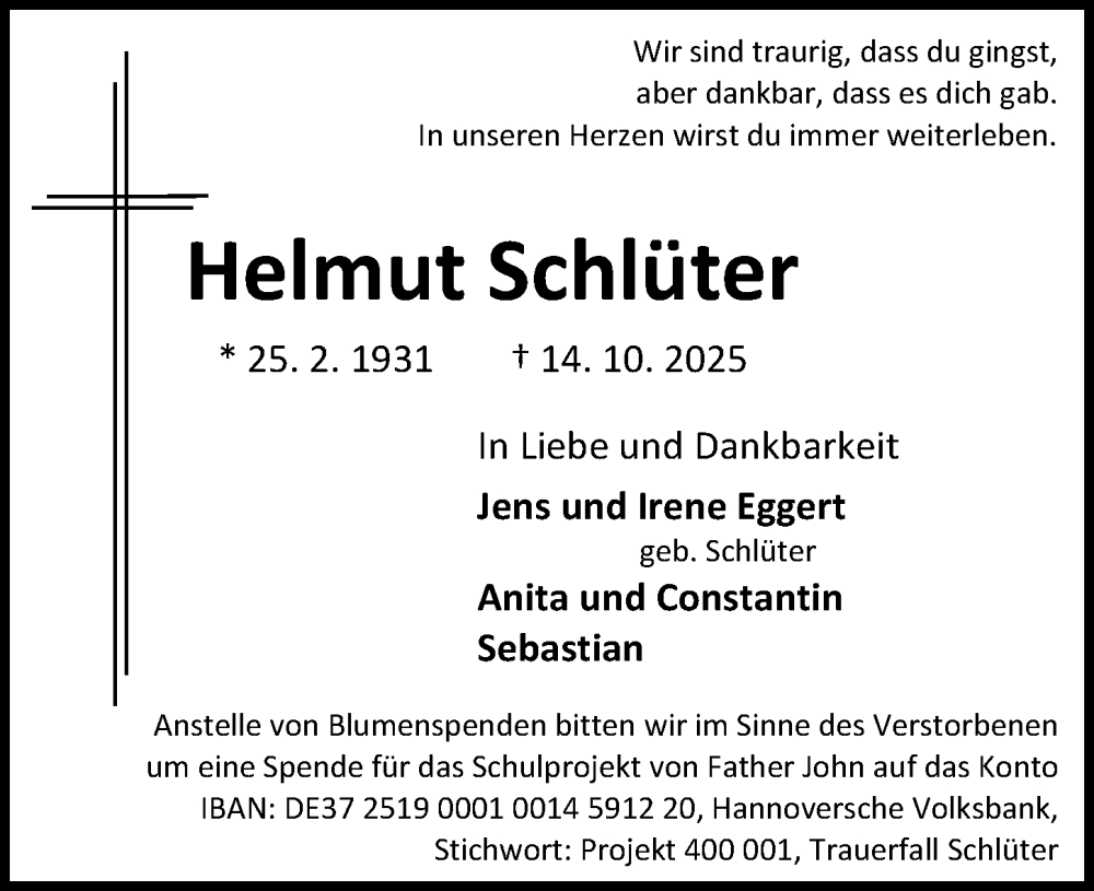  Traueranzeige für Helmut Schlüter vom 18.10.2025 aus Hannoversche Allgemeine Zeitung/Neue Presse