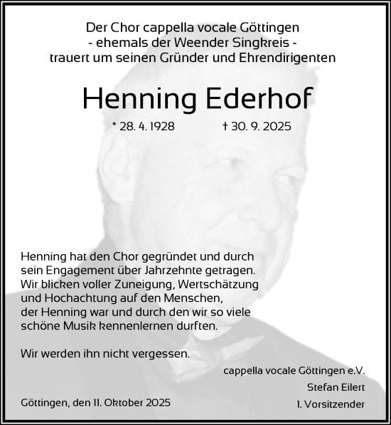 Traueranzeige von Henning Ederhof von Göttinger Tageblatt
