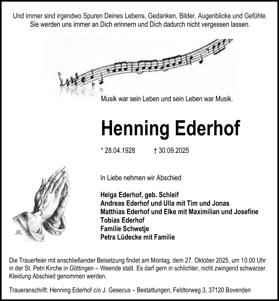  Traueranzeige für Henning Ederhof vom 11.10.2025 aus Göttinger Tageblatt