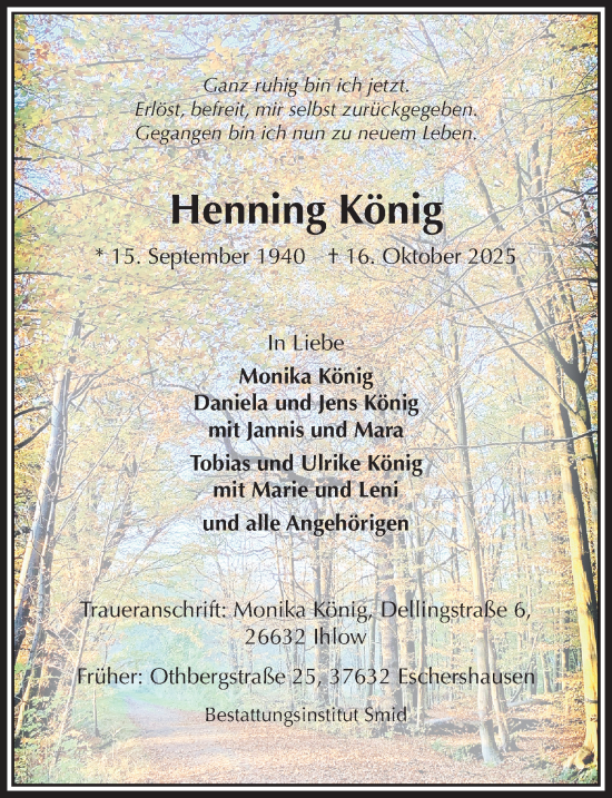 Traueranzeige von Henning König von Täglicher Anzeiger Holzminden