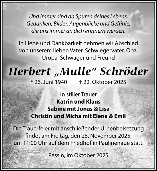 Traueranzeige von Herbert Schröder von Märkischen Allgemeine Zeitung