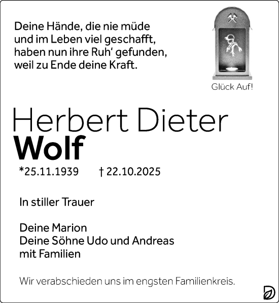 Traueranzeige von Herbert Dieter Wolf von Leipziger Volkszeitung
