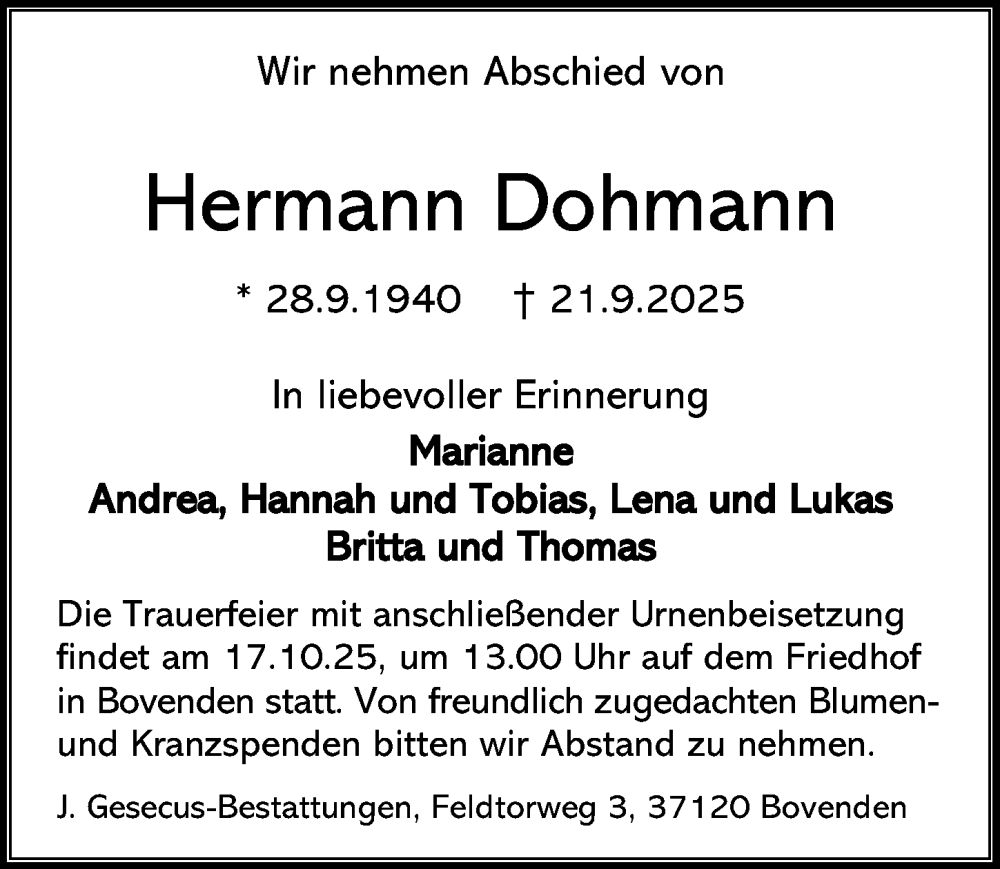  Traueranzeige für Hermann Dohmann vom 11.10.2025 aus Göttinger Tageblatt