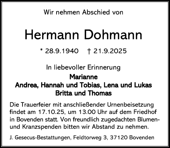 Traueranzeige von Hermann Dohmann von Göttinger Tageblatt