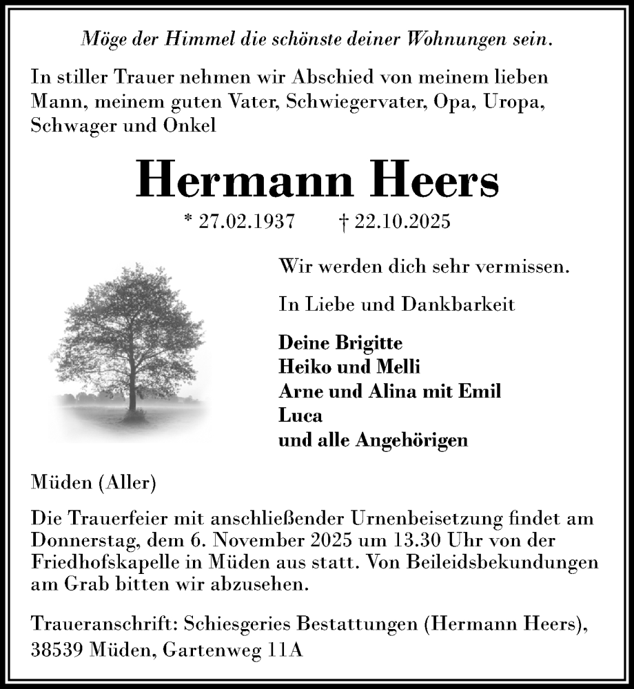  Traueranzeige für Hermann Heers vom 01.11.2025 aus Aller Zeitung