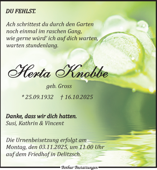 Traueranzeige von Herta Knobbe von Leipziger Volkszeitung