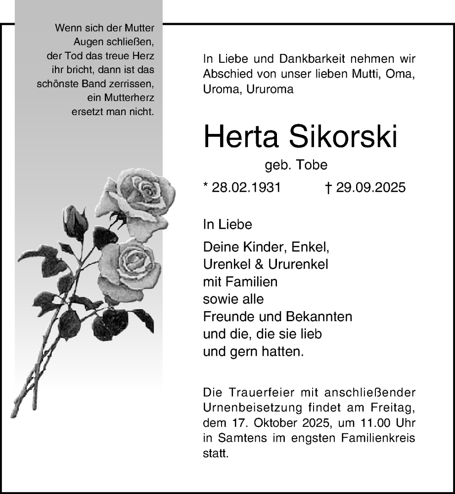  Traueranzeige für Herta Sikorski vom 04.10.2025 aus Ostsee-Zeitung GmbH