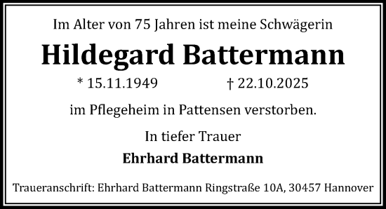 Traueranzeige von Hildegard Battermann von Hannoversche Allgemeine Zeitung/Neue Presse