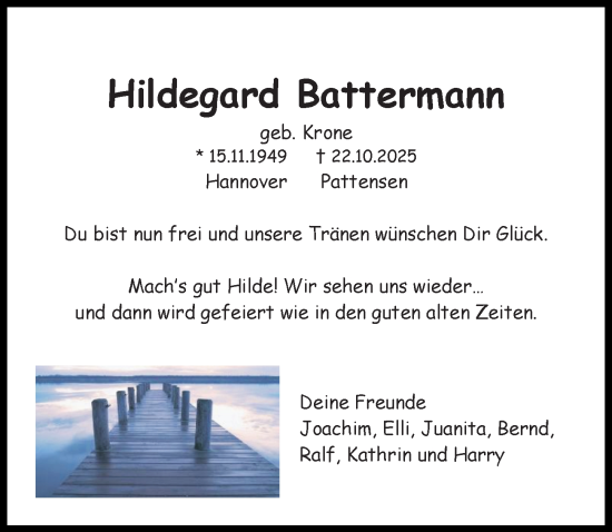 Traueranzeige von Hildegard Battermann von Hannoversche Allgemeine Zeitung/Neue Presse