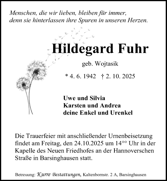Traueranzeige von Hildegard Fuhr von Hannoversche Allgemeine Zeitung/Neue Presse