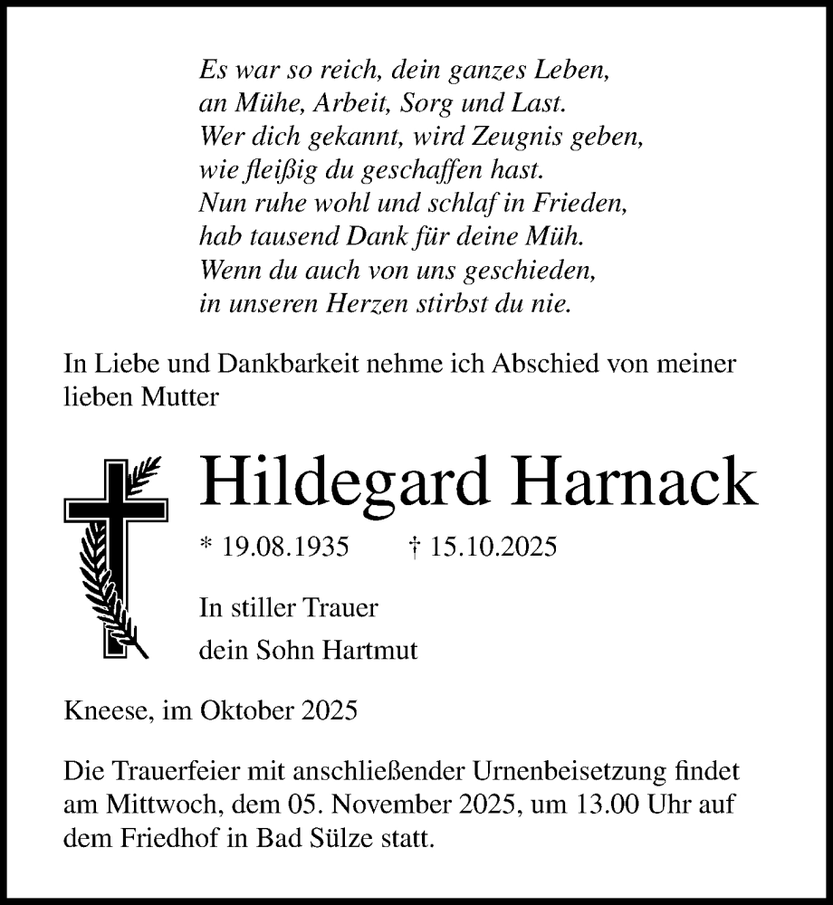  Traueranzeige für Hildegard Harnack vom 25.10.2025 aus Ostsee-Zeitung GmbH