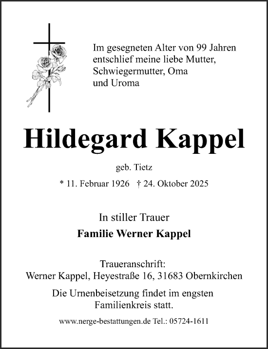 Traueranzeige von Hildegard Kappel von Schaumburger Nachrichten
