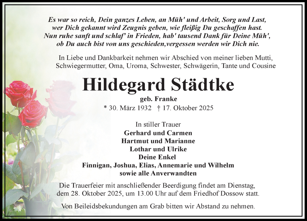  Traueranzeige für Hildegard Städtke vom 25.10.2025 aus Wochenspiegel