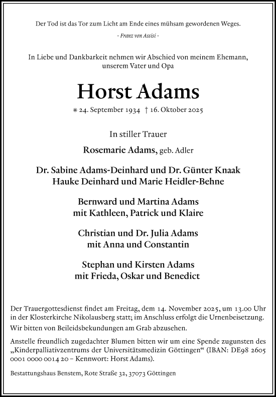 Traueranzeige von Horst Adams von Göttinger Tageblatt