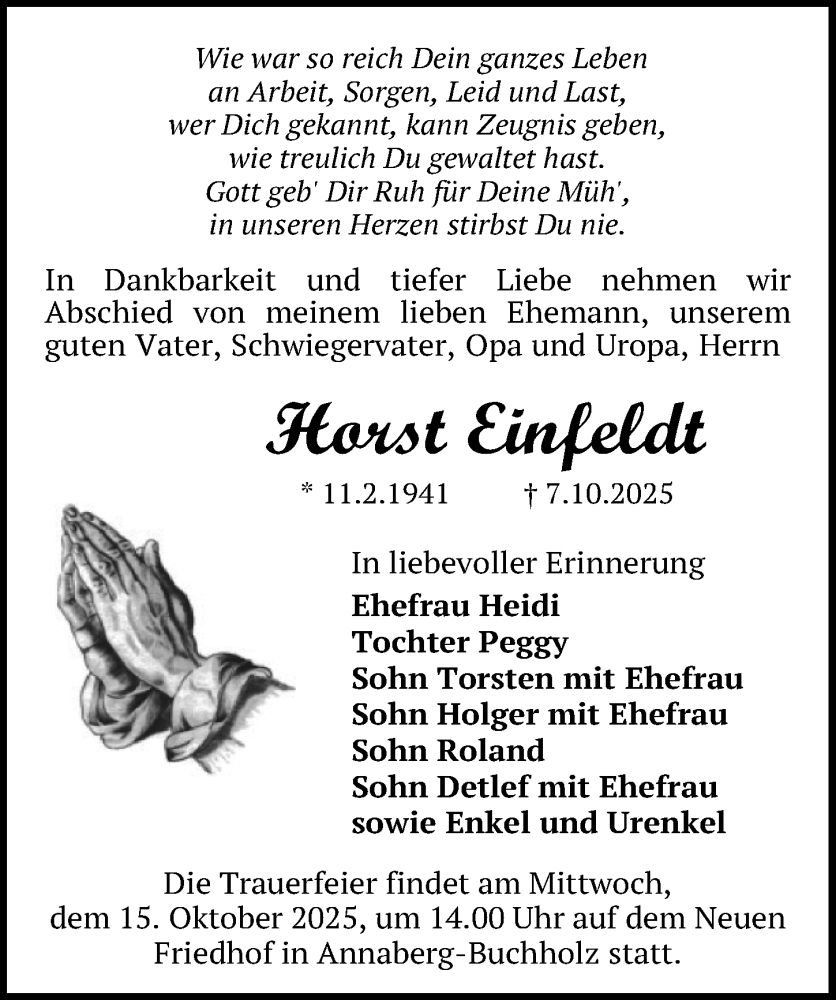  Traueranzeige für Horst Einfeldt vom 11.10.2025 aus Leipziger Volkszeitung