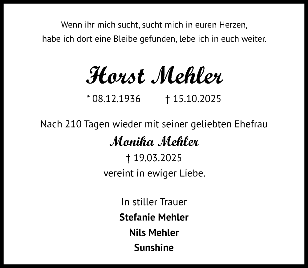  Traueranzeige für Horst Mehler vom 25.10.2025 aus Hannoversche Allgemeine Zeitung/Neue Presse