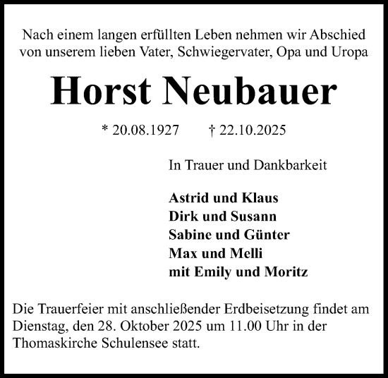 Traueranzeige von Horst Neubauer von Kieler Nachrichten