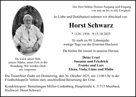 Traueranzeige von Horst Schwarz von Schaumburger Nachrichten