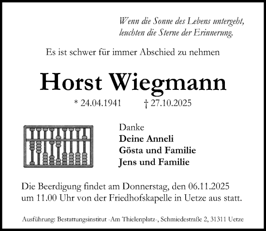 Traueranzeige von Horst Wiegmann von Hannoversche Allgemeine Zeitung/Neue Presse