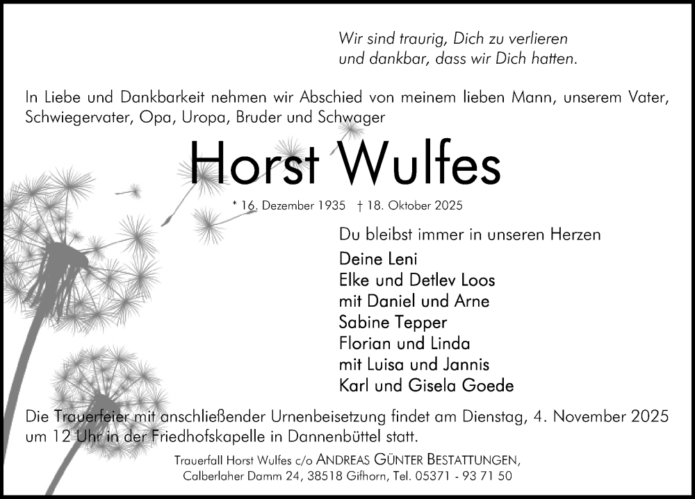  Traueranzeige für Horst Wulfes vom 25.10.2025 aus Aller Zeitung