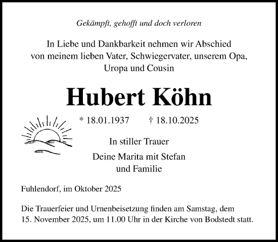 Traueranzeige von Hubert Köhn von Ostsee-Zeitung GmbH