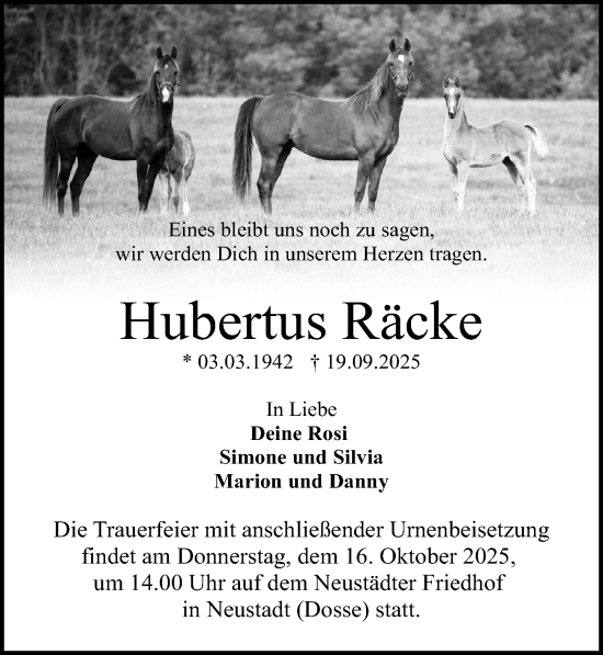 Traueranzeige von Hubertus Räcke von Wochenspiegel