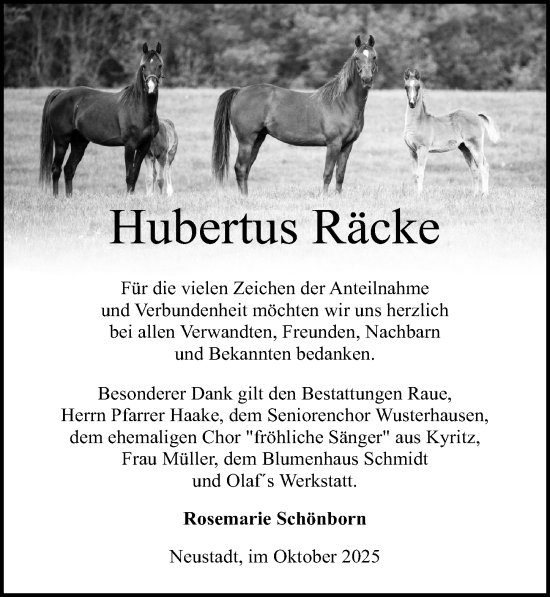 Traueranzeige von Hubertus Räcke von Wochenspiegel