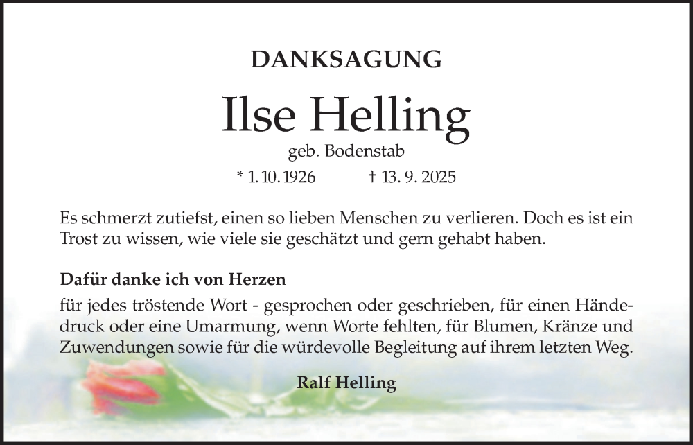  Traueranzeige für Ilse Helling vom 25.10.2025 aus Täglicher Anzeiger Holzminden