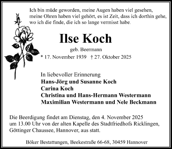 Traueranzeige von Ilse Koch von Hannoversche Allgemeine Zeitung/Neue Presse