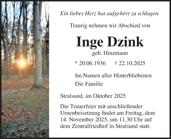 Traueranzeige von Inge Dzink von Ostsee-Zeitung GmbH