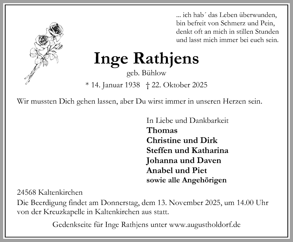  Traueranzeige für Inge Rathjens vom 01.11.2025 aus Kieler Nachrichten